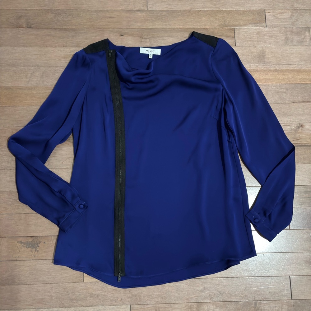 Milly Silk Zip Up Long Sleeve Shirt Electric Blue size 6 medium